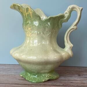 Vintage Green and Cream Ceramic Pitcher - Ornate Cottagecore Decor